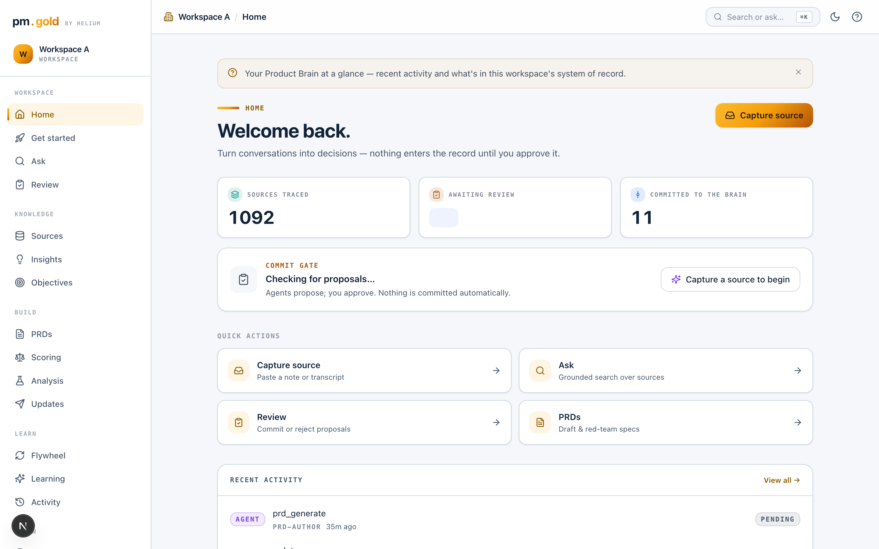 The pm.gold workspace connects evidence, product decisions, and human approvals
